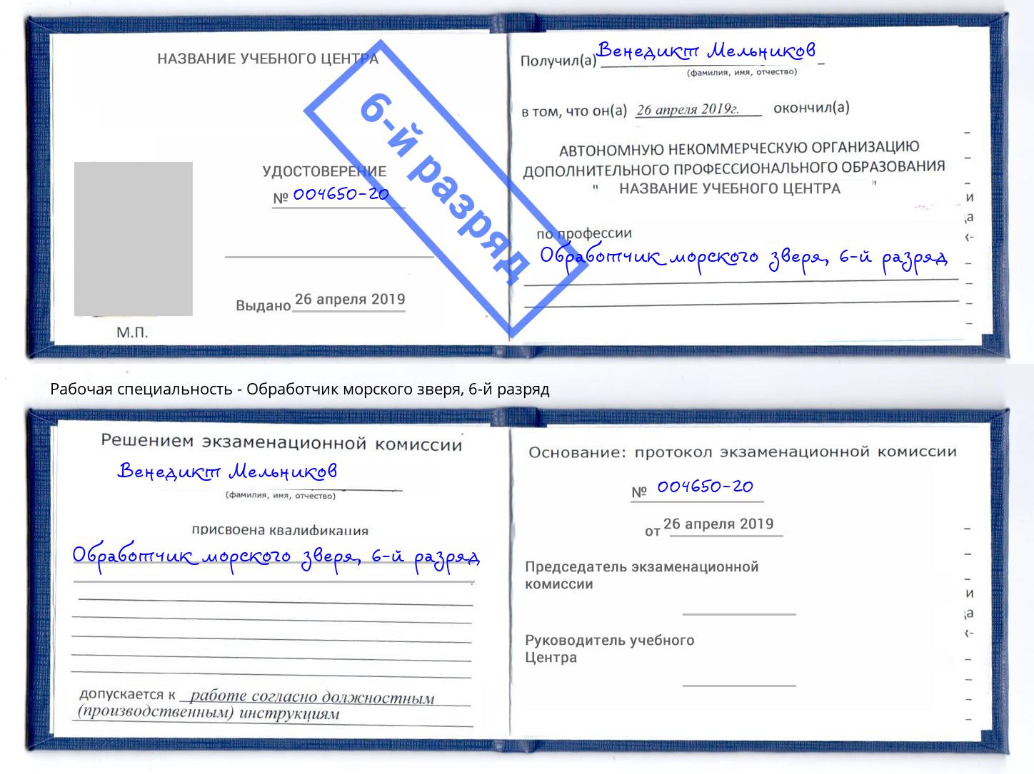 корочка 6-й разряд Обработчик морского зверя Брянск