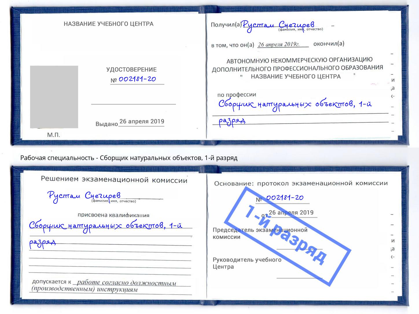корочка 1-й разряд Сборщик натуральных объектов Брянск