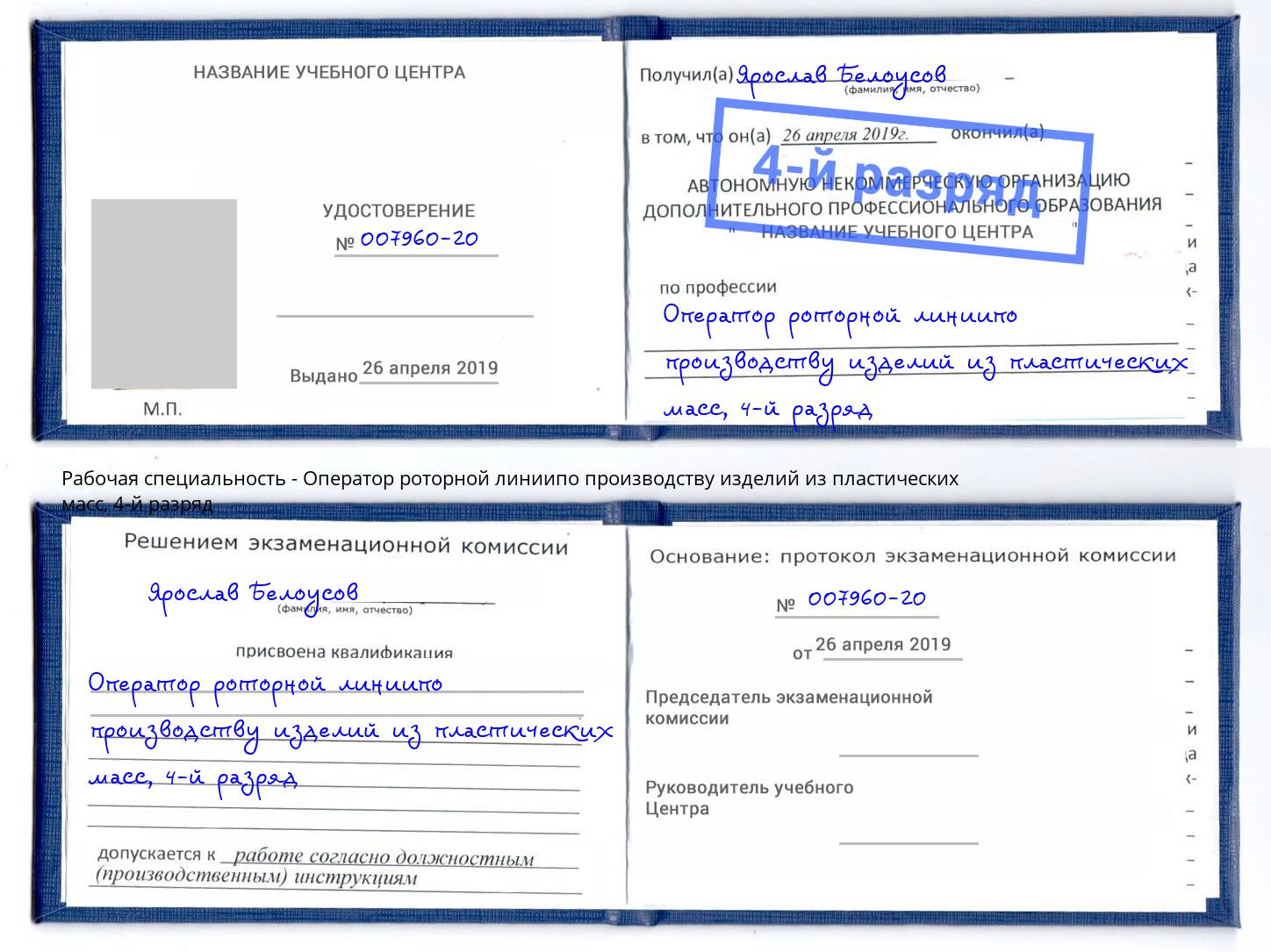 корочка 4-й разряд Оператор роторной линиипо производству изделий из пластических масс Брянск